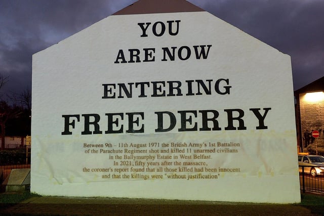 One of the projected images, on Free Derry Corner on Thursday evening, of the British colonial past from the ‘The Sun Never Set And The Blood Never Dries’ art project created by Art Everywhere.  The event was part of Bloody Sunday 51 anniversary. Photo: George Sweeney. DER2305GS – 113