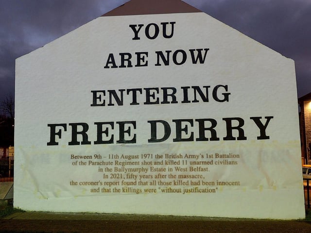 One of the projected images, on Free Derry Corner on Thursday evening, of the British colonial past from the ‘The Sun Never Set And The Blood Never Dries’ art project created by Art Everywhere. The event was part of Bloody Sunday 51 anniversary. Photo: George Sweeney. DER2305GS – 113