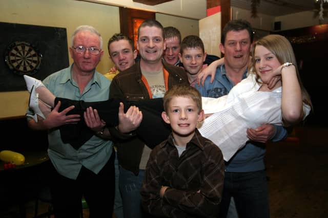 Catherine gets a lift from the boys at her 18th birthday party 033/JML