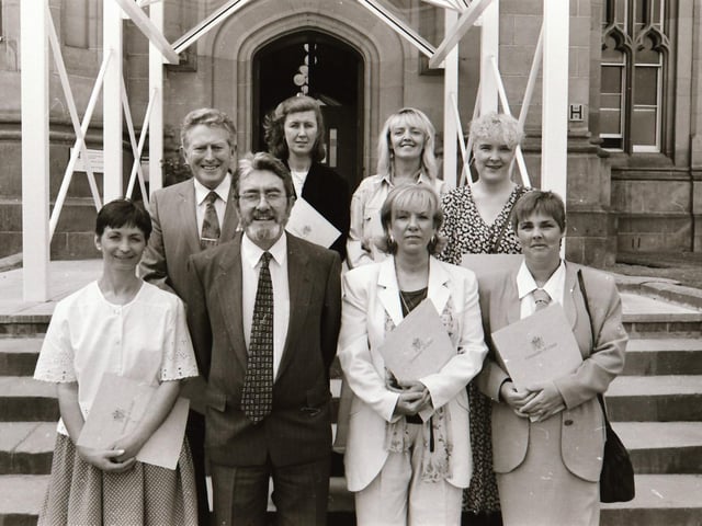 Photographs of students, professors, and proud parents during the Magee graduations in June 1995.