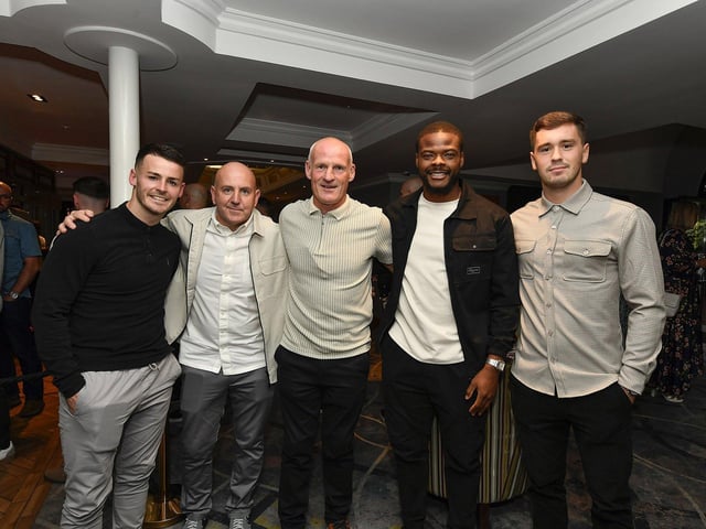 Danny Mullen, Gerry Shepard, Paul Hegarty, Dipo Akinyemi and Brian Maher at the Derry City FC celebration of 40 years in the League of Ireland held in the Everglades on Saturday evening. Photo: George Sweeney