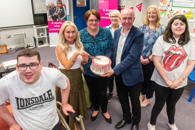 Owen Kelly, Anne Marie Donnelly, Services Manager, Liberty Consortium, Kate Beggs, NI Director, The National Lottery Community Fund, Lucille Harrigan, Supervalu Manager, Northside Shopping Centre, Paul Sweeney, NI Chair, The National Lottery Community Fund, Lorraine Gallen, Funding Officer, The National Lottery Community Fund and Sarah McCrystal.