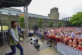 Host Mickey Doherty demonstrates his soccer skill in Guildhall Square. Photo: George Sweeney