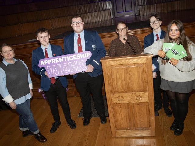 Students from Strabane Academy pictured at Thurday's DCSDC's Apprenticeship Fair in the Guildhall, Derry.