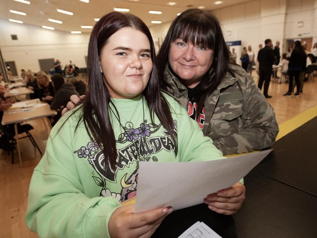 St. Mary's College student Erin Maguire shares her results with mum Pauline on Thursday morning.