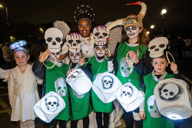 The Mayor Councillor Lilian Seenoi-Barr who dressed as a Derry Girls Angel as she joined groups from across the North West for Derry City and Strabane District Council's community based Halloween Carnival Parade. Picture Martin McKeown. 31.10.24