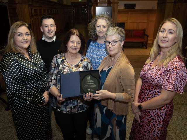 Staff from the Churches Trust pictured with their chief executive officer Fiona Fegan and the Mayor, Patricia Logue at Thursday night's reception in the Guildhall in honour of Fiona.