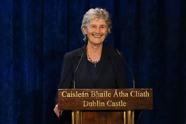 DUBLIN, IRELAND - OCTOBER 25: Irish president-elect Catherine Connolly addresses the audience at the official declaration at Dublin Castle on October 25, 2025 in Dublin, Ireland. Friday's election to replace Michael D. Higgins was between the leftwing independent candidate Catherine Connolly and Fine Gael's Heather Humphreys. The victor will become Ireland's tenth president since 1937. (Photo by Charles McQuillan/Getty Images)
