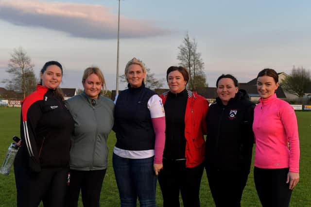 Some of the participants who took part in Doire Trasna’s  first Mothers and Others football practice session, at Corrody Road. Photo: George Sweeney.  DER2316GS – 08