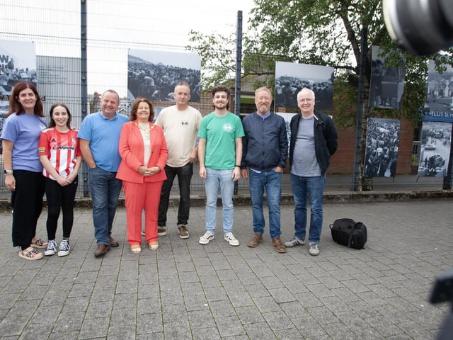 FEILE 23 OPENING EVENT. . . .The Mayor of Derry City and Strabane District Council, Patricia Logue pictured at Friday's first event at Feile 23 - the Camerawork Darkrooms exhibition ‘Picture This – A Camerawork Retrospective’ outside Pilot's Row Centre. Included are Feile directors, organisers and families of those in some of the photos. (Photos: JIm McCafferty Photography)