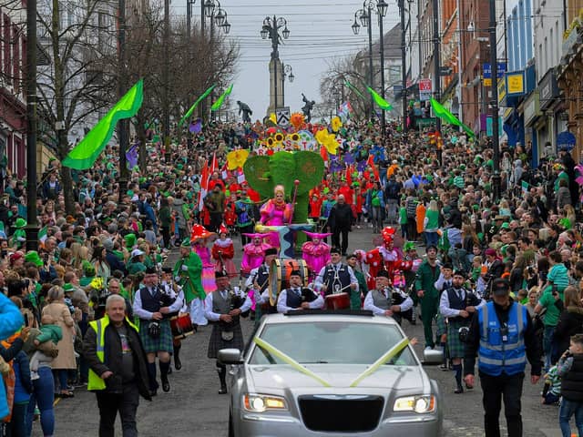 The Derry St Patrick’s Day parade makes its way towards the city centre. Photo: George Sweeney.