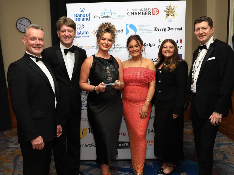 Alleycats TV team presented with Creative Industries Business of The Year by Hugh Hegarty, Chairman of CCI, Andrew Fleming, Vice President of Londonderry Chamber of Commerce, and Greg McCann, President of Londonderry Chamber of Commerce.