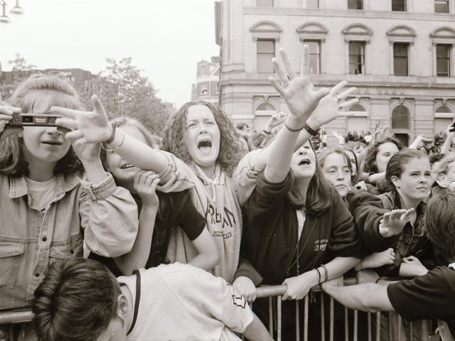 Ecstatic fans enjoying the BBC Radio 1 roadshow in 1993.
