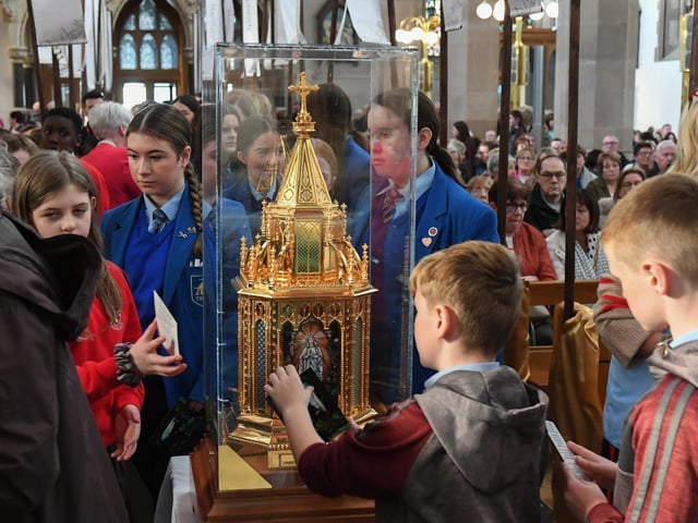 Pupils from the Derry Diocese queue for the veneration of the relics of St Bernadette at St Eugene’s Cathedral on Monday morning. Relics of the saint are being taken on pilgrimage to each of the 26 Catholic dioceses in Ireland. Photo: George Sweeney