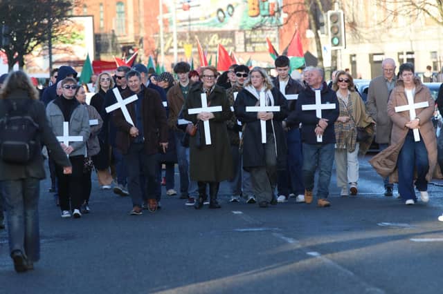Family and friends of victims leading the Bloody Sunday march "Unfinished Business March for Justice" arriving at Rossville Street. (Photo - Tom Heaney, nwpresspics)