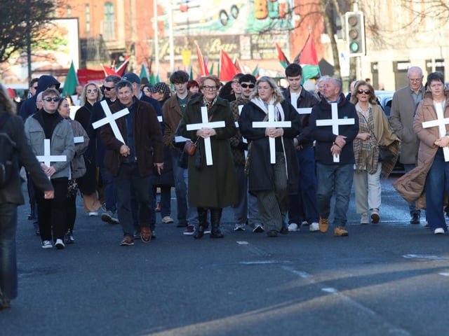 Family and friends of victims leading the Bloody Sunday march "Unfinished Business March for Justice" arriving at Rossville Street. (Photo - Tom Heaney, nwpresspics)