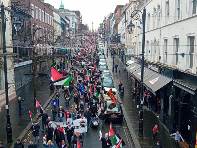 Thousands participate in Derry rally for Palestine calling for a ceasefire in Gaza on January 13, 2024
