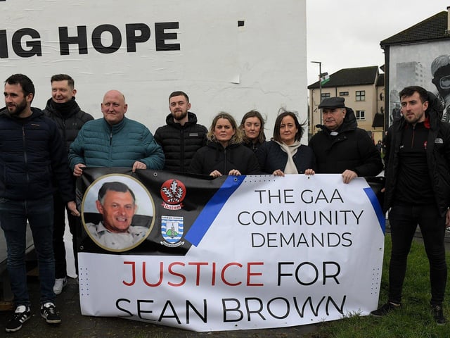 Relatives and supporters march from Free Derry Wall to Celtic Park, on Sunday afternoon, to protest against the British Government’s Legacy Bill’s lack of investigation into the deaths of Sean Brown and Patrick Kelly. Photo: George Sweeney