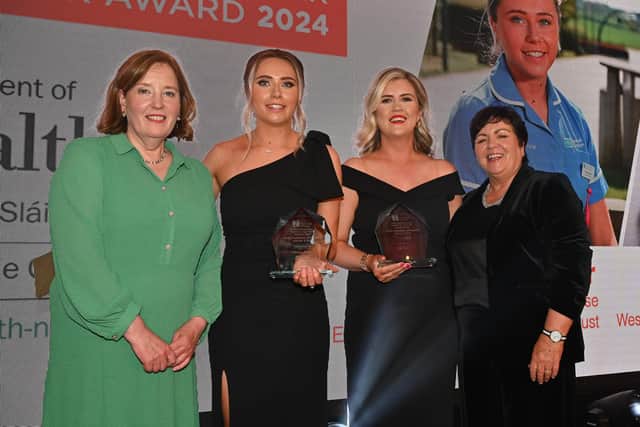 Mary Frances McManus, Department of Health, Emma Parker and Aneica Duffy, joint winners of the CNO Rising Star Award and Rita Devlin, Director of RCN Northern Ireland.