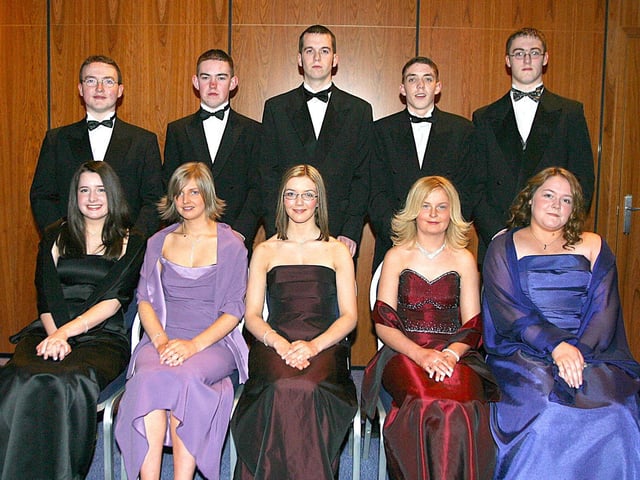 From left (seated), Laura Struthers, Alison Smith, Lisa Brogan, Geraldine O'Reilly and Kristie Wright.  Back row, David Doherty, Stephen McClean,  David Mahony, Sean O'Loughlin and Andrew Manning.  (0402T14).