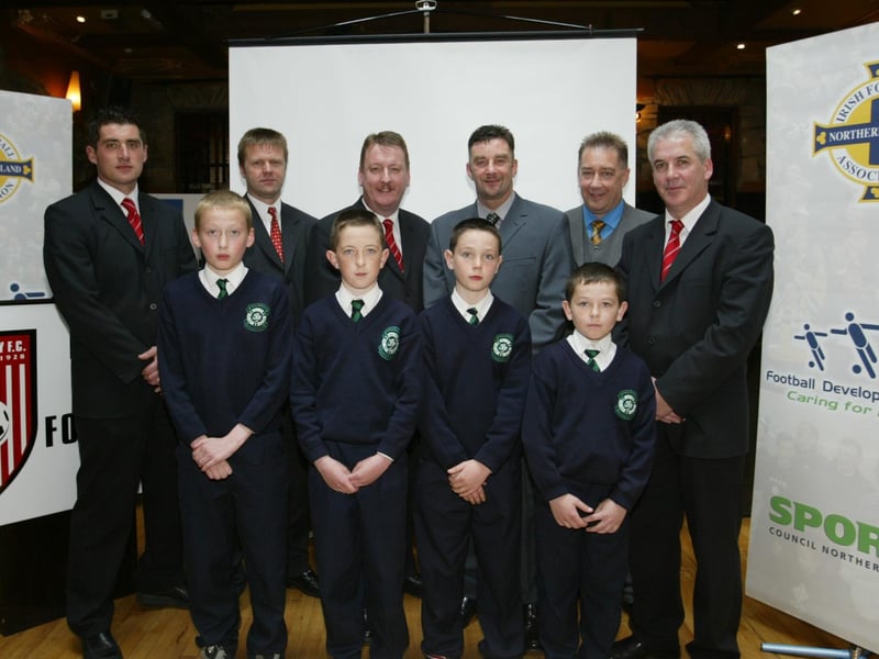 Former Republic of Ireland striker John Aldridge pictured at the launch the Derry City Soccer Academy.  Also in photo are Declan Devine (Youth Office), Jim Gratton (IFA), Jim Roddy, Spike Hill (IFA) and Kevin Mahon with young hopefuls Ronan Gallagher, Conor Gallagher, Andrew King and Brian Hutton.  (1605JB11)