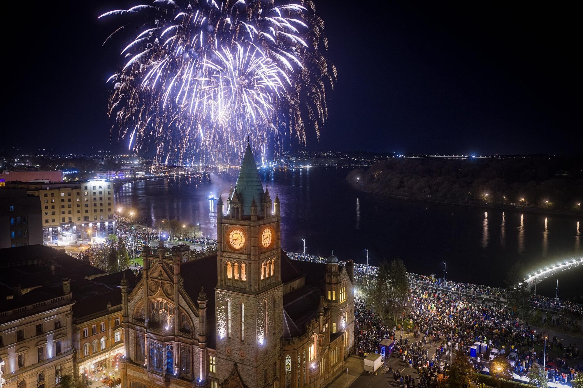 See the River Foyle and the city’s landmarks lit up in technicolour at Derry Hallowe’en’s epic fireworks finale.