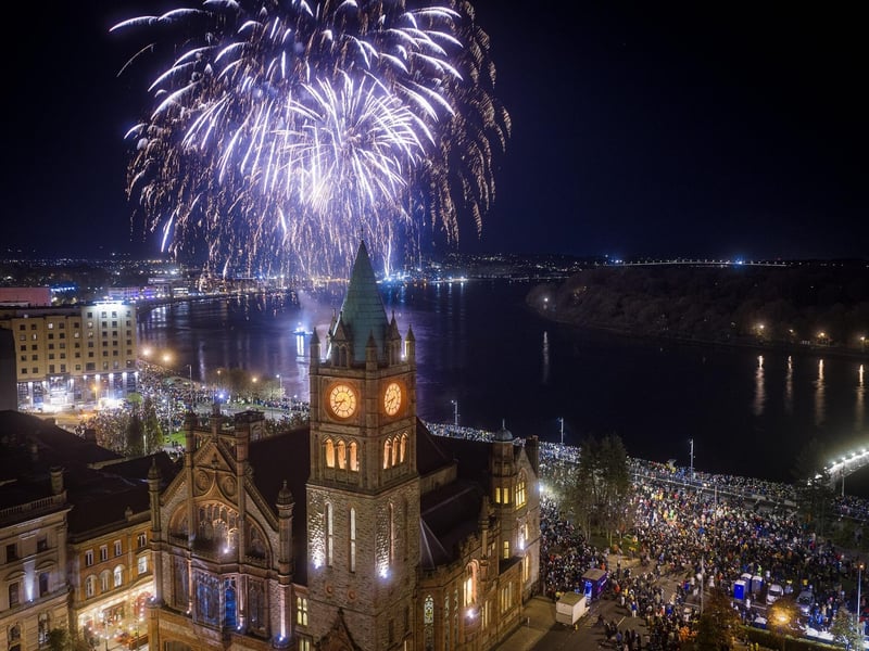See the River Foyle and the city’s landmarks lit up in technicolour at Derry Hallowe’en’s epic fireworks finale.