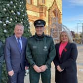 DCS Season's Greetings caption: Chief Inspector Yvonne McManus; Jim Roddy, City Centre Initiative Manager; Derry City & Strabane Area Commander, Chief Superintendent Nigel Goddard, and Chair of Derry and Strabane Policing and Community Safety Partnership Councillor Sandra Duffy.