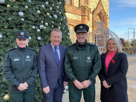 DCS Season's Greetings caption: Chief Inspector Yvonne McManus; Jim Roddy, City Centre Initiative Manager; Derry City & Strabane Area Commander, Chief Superintendent Nigel Goddard, and Chair of Derry and Strabane Policing and Community Safety Partnership Councillor Sandra Duffy.