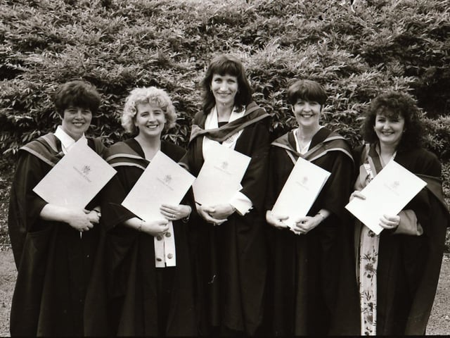 Photographs of students, professors, and proud parents during the Magee graduations in June 1995.