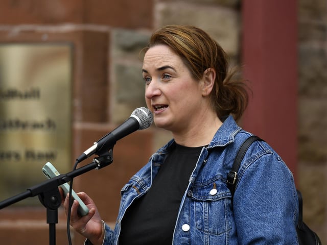 Catherine McDaid, SDLP Councillor, speaking at the Celebration of Migrant Workers rally held in Guildhall Square on Sunday afternoon. Photo: George Sweeney