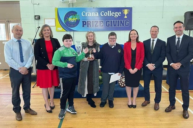 iCare Best Buddy Cup Winners - Viajy Doherty & Aaron McLaughlin with Kevin Cooley - Principal, Sinead Anderson - Deputy Principal, Philip McGuinness - Deputy Principal , Clare Bradley - Board of Management and JJ McDermott.