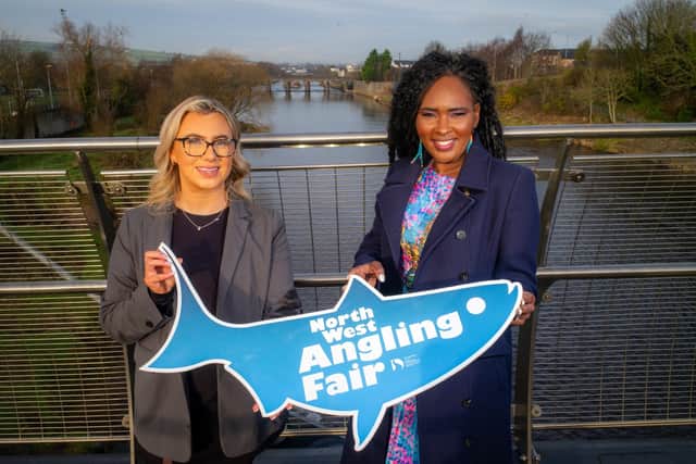 Mayor of Derry City and Strabane District Council, Councillor Lilian Seenoi-Barr, launching the 2025 North West Angling Fair on the River Mourne with Angling and Fisheries Improvement Manager at the Loughs Agency, Kelsie Geddis.