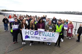 People taking part in the Foyle Hopewalk for PAPYRUS (Prevention of Young Suicide) charity, on Tuesday evening last, pictured with Mayor Lilian Seenoi Barr. Photo: George Sweeney PAPYRUS' HOPELINE247 is a confidential support and advice service for children and young people under the age of 35 who are experiencing thoughts of suicide, or anyone concerned that a young person could be thinking about suicide. Call: 0800 068 4141; Text: 88247 or email: pat@papyrus-uk.org