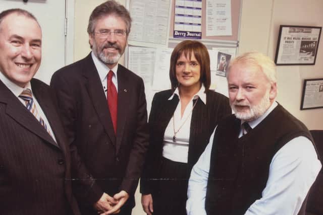 Mitchel McLaughlin and Gerry Adams pictured with Pat McArt and advertising manager Jean Long at the Journal offices.