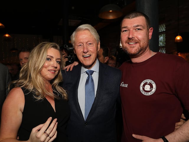 Bill Clinton with staff in the Taphouse including proprietor Rachael Eastwood.