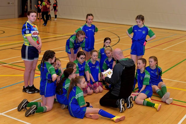 Sacred Heart P.S. pre match talk at the Derry City Primary School Girls’ Indoor Gaelic Football Finals Day at the Foyle Arena on Friday. Photo: George Sweeney. DER2308GS – 128