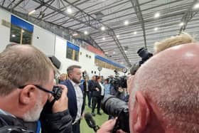 Media scrum around SDLP Leader Colum Eastwood moments after he is re-elected as MP for Foyle.