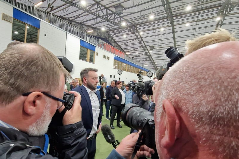 Media scrum around SDLP Leader Colum Eastwood moments after he is re-elected as MP for Foyle.