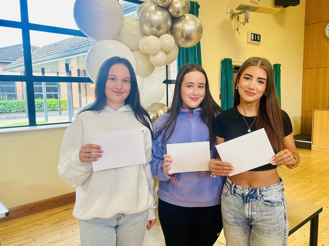 Friends Rhea Gillespie, Rose Cassidy and Anna Lynch celebrate their GCSE exam results in Thornhill College
