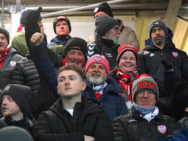 Smiling Derry City fans at the Brandywell for the game against Waterford. Photo: George Sweeney