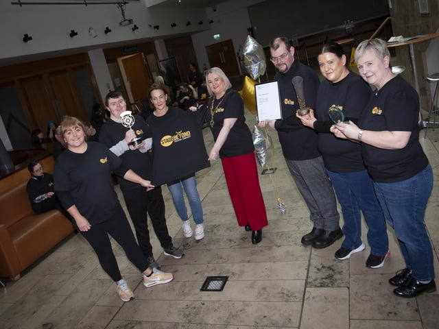 The Mayor of Derry City and Strabane District Council, Sandra Duffy pictured with some of the members from the Stage Beyond Theatre Company at the Millennium Forum on Monday last and some of the awards the group have picked up this year. From left are Jean Dunn, Brendan Lavery, Dee Conaghan, Artistic Director, Stage Beyond, Bryan Sutherland, Bernie Shiels and Karen Burnett. 