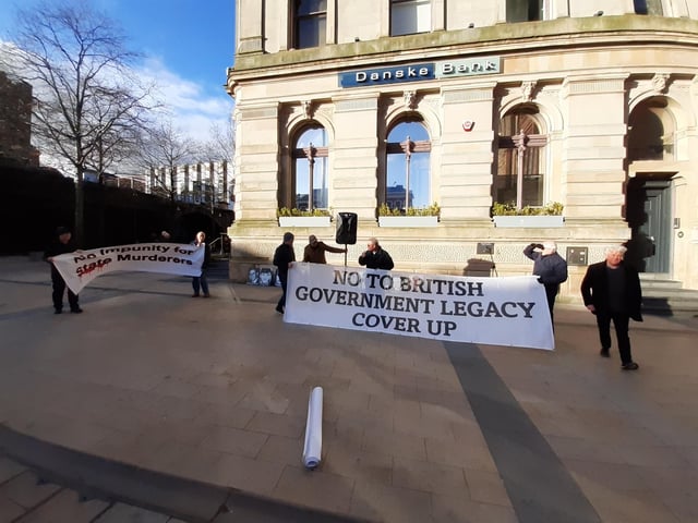 The ‘Bin the Legacy Bill’ protest, organised by The Bloody Sunday Trust and the Pat Finucane Centre, at Guildhall Square on Wednesday afternoon.