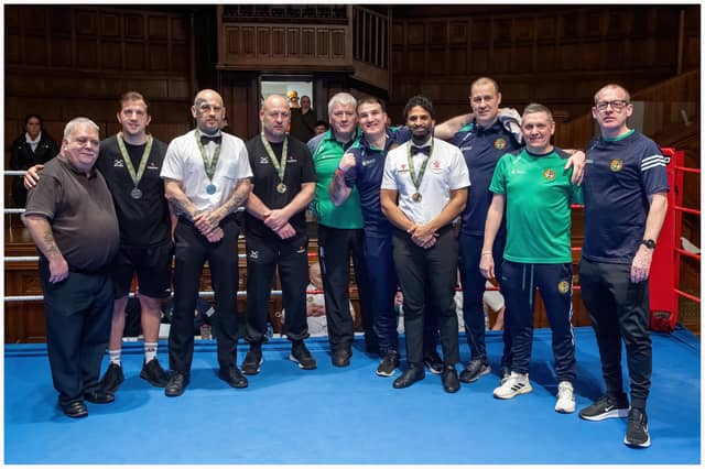 Irish and Welsh coaches at the night of boxing at Guildhall.