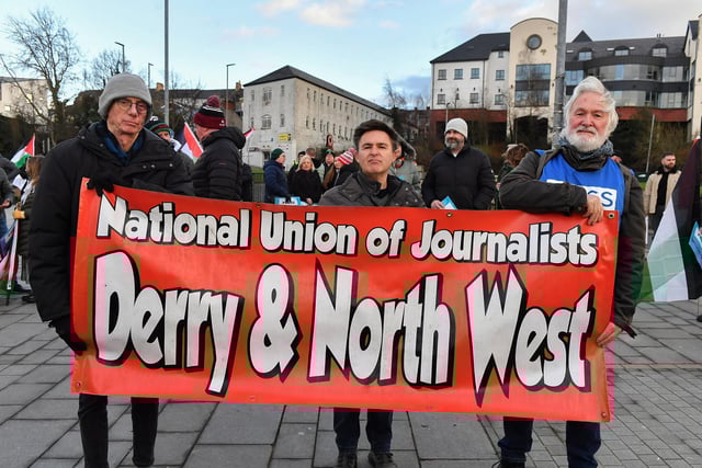 Representatives of the NUJ attend the pro-Palestinian solidarity rally held in Derry on Saturday afternoon. Photo: George Sweeney