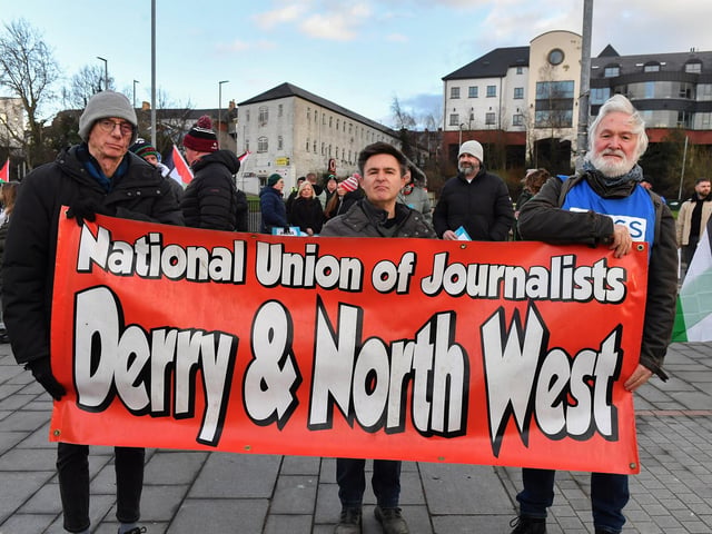 Representatives of the NUJ attend the pro-Palestinian solidarity rally held in Derry on Saturday afternoon. Photo: George Sweeney