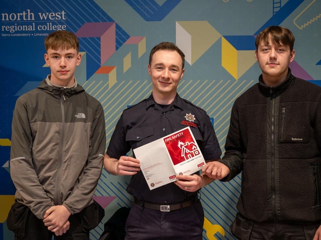 Oisin McDaid and Aaron North, with Michael Houston NI Fire & Rescue Service at NWRC's Freshers' day at Springtown Campus  : .