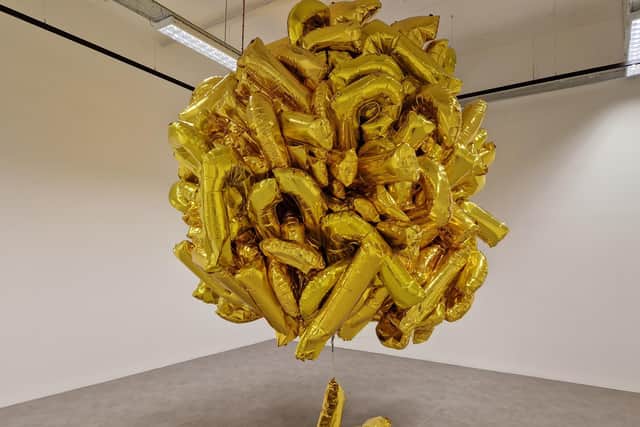 Banu Cennetoğlu’s right? (2022 – ) presents the articles of the UDHR in bouquets of gold letter balloons. As the bouquets deflate during the run of the show, they will leave viewers to question whether any rights can remain without the labour of protecting, extending, and upholding them. It will be on display at Void Art Centre until November 1, 2023.