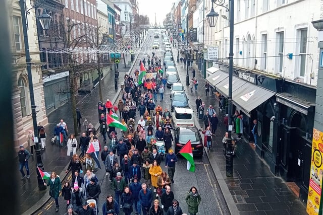 Thousands participate in Derry rally for Palestine calling for a ceasefire in Gaza on January 13, 2024