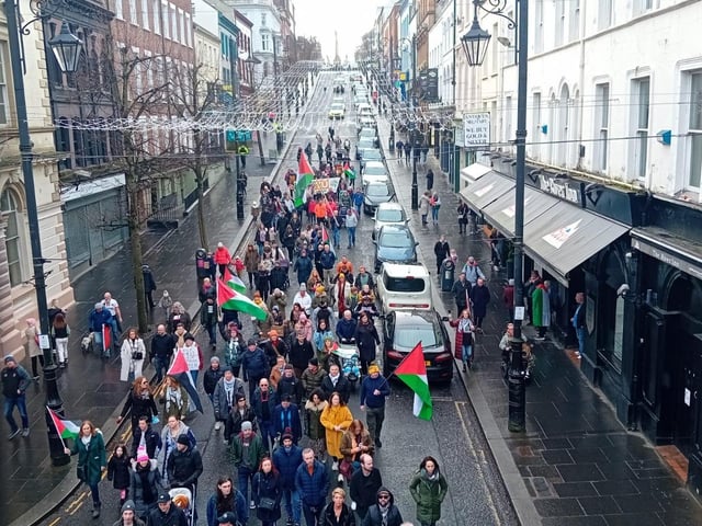 Thousands participate in Derry rally for Palestine calling for a ceasefire in Gaza on January 13, 2024